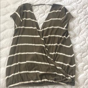 Olive Green Striped Deep V Shirt